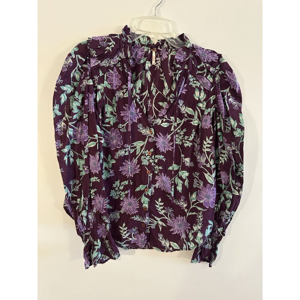 FREE PEOPLE Purple w/ Floral 100% Cotton Tie & Ruffle V-Neck Blouse Size XS